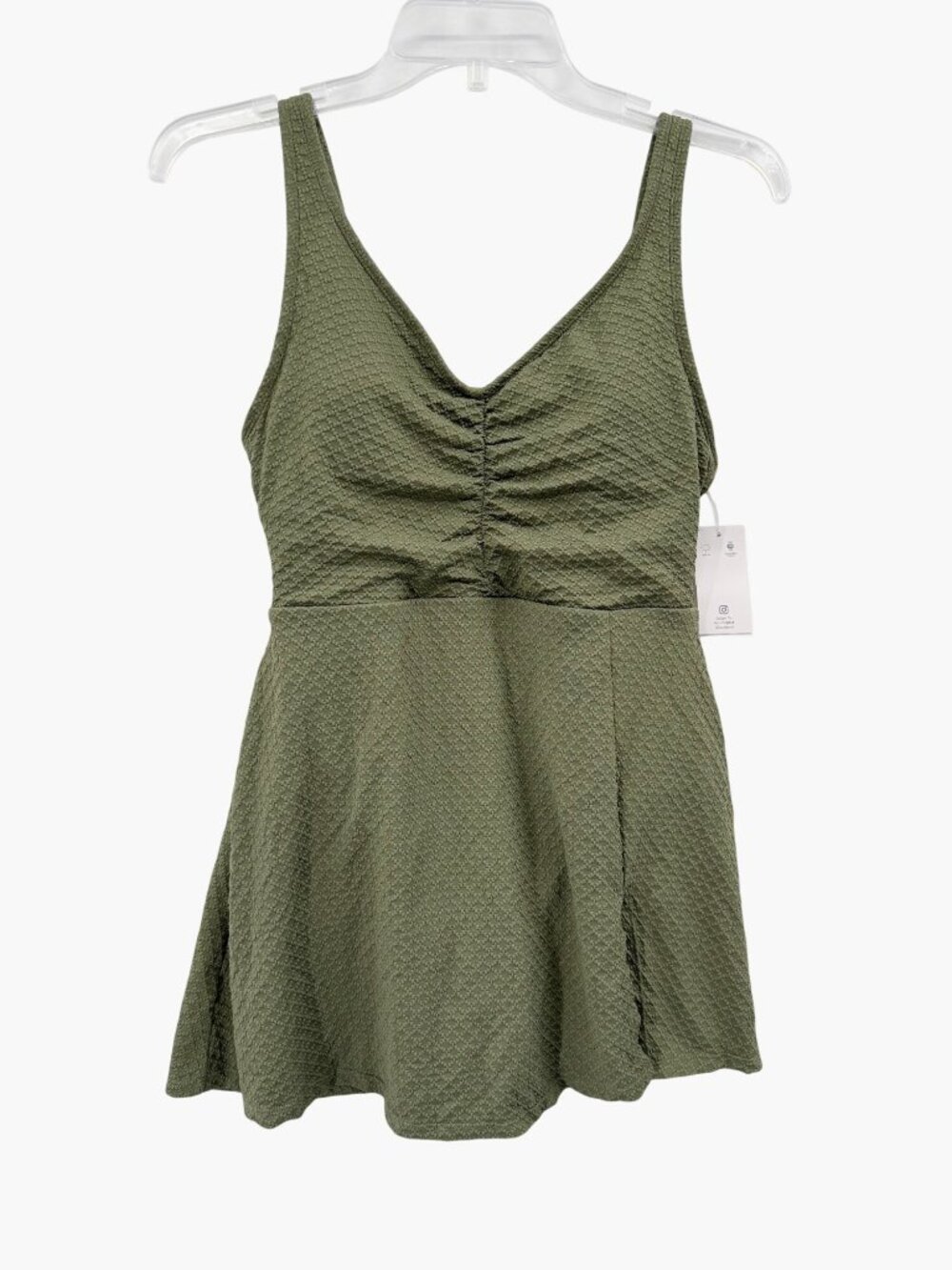 NEW Lands’ End V-Neck Textured Shirred One Piece Swimdress - Green - Size Small - Picture 3 of 10
